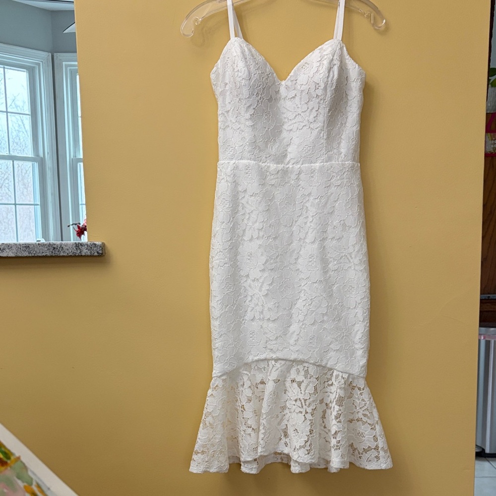 Guess White Lace Flounce Midi Dress
